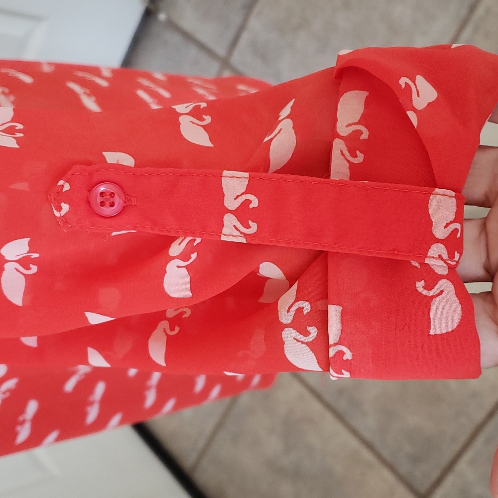 Anthropologie Pleione Swan Print Mandarin Collar Blouse Tunic Red Orange S - Picture 10 of 15